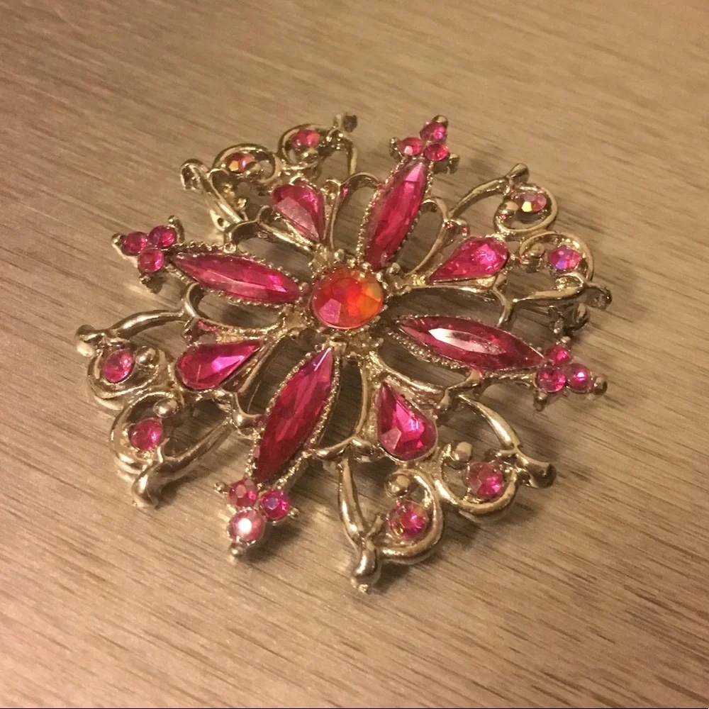 Vintage-Inspired Pink Crystal Jeweled Brooch | Floral | Statement Pin